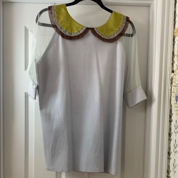 Stylish Sheer Sleeve Top with Yellow Collar - Picture 1 of 10